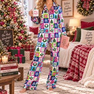 May include: A two-piece pajama set featuring a button-down long-sleeve shirt and matching wide-leg pants. The fabric displays a colorful grid pattern of Christmas trees, snowflakes, wreaths, poinsettias, and Mahjong tiles on a white background.