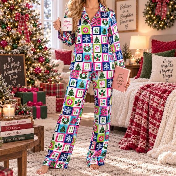 Colorful Christmas Mahjong Satin Pajama Set for Women, Holiday Mahjong Tile PJs, Pink Green Festive Sleepwear, Mahjong Lover Gift