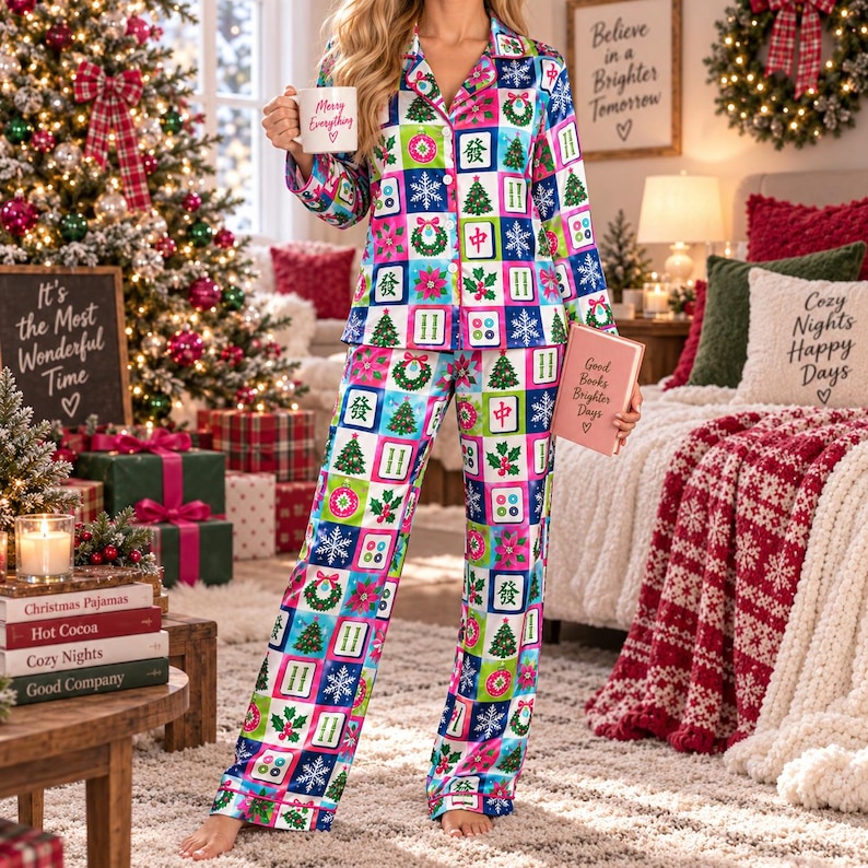 May include: A two-piece pajama set featuring a button-down long-sleeve shirt and matching wide-leg pants. The fabric displays a colorful grid pattern of Christmas trees, snowflakes, wreaths, poinsettias, and Mahjong tiles on a white background.