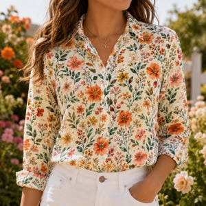 Puede incluir: Una camisa de manga larga con botones sobre una base de color crema con un vibrante estampado floral en tonos naranja, amarillo y verde. La camisa tiene un cuello clásico, una tapeta de botones frontal y se combina con pantalones vaqueros blancos.