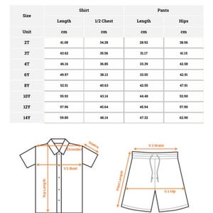 May include: A size chart for short pajamas for kids, titled Short Pajamas Kid (no pocket). It includes a table with measurements in cm for sizes 2T through 14Y, covering shirt length, 1/2 chest, pant length, and hips, plus a diagram of a shirt and shorts.