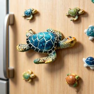 Op de afbeelding: Een verzameling zeeschildpadmagneten met één grote centrale schildpad met een diepblauw schild en verschillende kleinere schildpadden in diverse kleuren waaronder groen, blauw en oranje, bevestigd op een licht houtkleurig verticaal oppervlak.