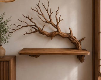 Rustic Tree Branch Floating Shelf – Handmade Solid Wood Wall Decor