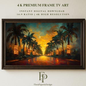 May include: A framed digital artwork for a television screen displaying a tropical palm tree-lined street at sunset with string lights wrapped around the trunks. Text reads: 4 K PREMIUM FRAME TV ART, INSTANT DIGITAL DOWNLOAD, 16:9 RATIO | 4K HIGH RESOLUTION.