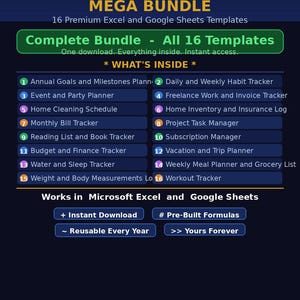 Op de afbeelding: Een digitale productadvertentie getiteld Ultimate Life Organizer Mega Bundle met 16 Excel- en Google Sheets-sjablonen. De lijst bevat trackers voor doelen, gewoontes, evenementen, financiën, schoonmaak, inventaris, rekeningen en gezondheid.