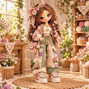 May include: A handcrafted crochet doll with long curly brown hair, wearing a floral-embellished cardigan, a white crop top, and patchwork cargo pants. The doll features a large matching hair bow, heart earrings, and platform sneakers with floral details.
