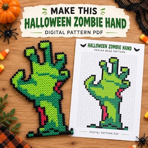 May include: A green zombie hand crafted from perler beads alongside a printed grid pattern on paper. The paper features the text "HALLOWEEN ZOMBIE HAND PERLER BEAD PATTERN" and "DIGITAL PATTERN PDF" with small black bat illustrations at the top.