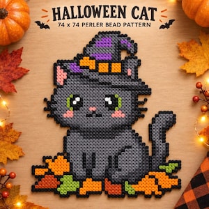 May include: A Halloween cat perler bead pattern featuring a gray cat wearing a purple and orange witch hat. The cat has green eyes and pink cheeks, sitting among orange and green leaves. The text reads HALLOWEEN CAT 74 x 74 PERLER BEAD PATTERN.