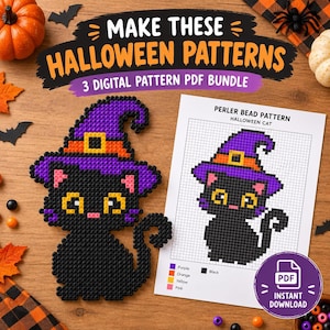 May include: A black cat perler bead design wearing a purple witch hat with an orange band and yellow buckle, displayed next to a printed PDF pattern sheet titled Perler Bead Pattern Halloween Cat with a color legend and grid.