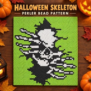 May include: A square Perler bead pattern featuring a black and white skeleton design set against a bright lime green background. The text HALLOWEEN SKELETON PERLER BEAD PATTERN is printed in white above the square bead art piece.