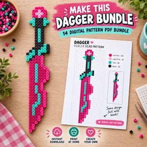 Puede incluir: Una daga hecha de cuentas de planchar rosa fuerte, rosa claro, verde azulado y negro junto a una hoja de patrón impresa titulada Make This Dagger Bundle 14 Digital Pattern PDF Bundle, que muestra un diseño de cuadrícula y una leyenda.