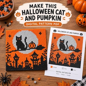 Halloween Cat and Pumpkin Perler Bead Pattern PDF, Jack O Lantern Fuse Bead Template, Spooky Pixel Art Underlay, Midi Pegboard Chart