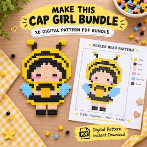 May include: A digital pattern PDF bundle featuring a bee-themed character made of yellow, black, peach, pink, and light blue perler beads. The image includes a finished bead figure and a grid pattern sheet with the text Make This Cap Girl Bundle.