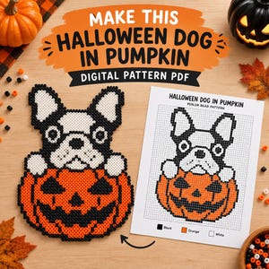 May include: A digital pattern PDF for a Halloween dog in a pumpkin, featuring a finished perler bead design of a black, white, and orange dog inside a jack-o'-lantern, alongside a printed grid pattern with color keys for black, orange, and white.