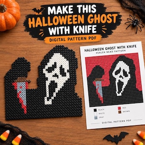May include: A digital pattern PDF for a Halloween ghost with knife perler bead project. The design features a black hooded figure with a white mask holding a gray knife with red blood details. The pattern includes a color key for black, white, gray, red, and brown beads.