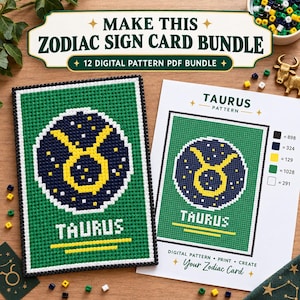 Zodiac Perler Bead Pattern Bundle | 12 Tarot Style Sign Cards + Back | Midi 5mm Fuse Bead PDF | Astrology Pixel Art