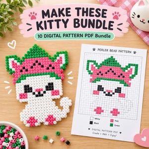 May include: A digital pattern PDF bundle titled MAKE THESE KITTY BUNDLE featuring a perler bead design of a white cat wearing a green and pink watermelon-themed hat, accompanied by a grid pattern sheet with color keys for white, black, pink, and green.