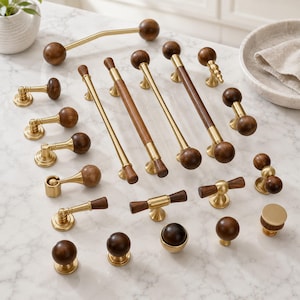 Mid Century Vintage Walnut Brass Cabinet Pulls, Nordic Natural Wood Drawer Handles, Solid Brass Wooden Knobs for Wardrobe Cupboard Dresser