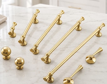 Solid Brass Single Hole Cabinet Knobs, Bright Gold French American Style Hardware