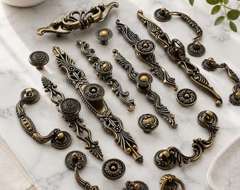 Vintage Antique Brass Cabinet Pulls, French Style Drawer Knobs, Ornate Wardrobe Handles, European Furniture Hardware