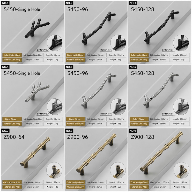 May include: A collection of nine cabinet pulls in three distinct styles: matte black and silver branch-shaped handles in single hole, 96mm, and 128mm spacing, plus antique brass bamboo-style handles in 64mm, 96mm, and 128mm hole spacing.