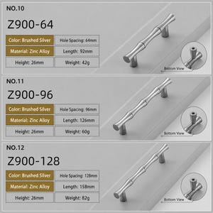May include: Three brushed silver cabinet pulls with a bamboo-inspired design, made of zinc alloy. Model Z900-64 has 64mm hole spacing, 92mm length, 26mm height, and 42g weight. Z900-96 has 96mm spacing, 126mm length, 26mm height, and 60g weight.