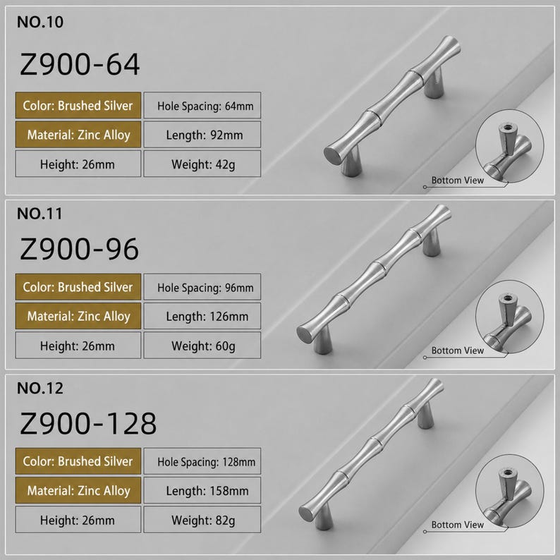 May include: Three brushed silver cabinet pulls with a bamboo-inspired design, made of zinc alloy. Model Z900-64 has 64mm hole spacing, 92mm length, 26mm height, and 42g weight. Z900-96 has 96mm spacing, 126mm length, 26mm height, and 60g weight.