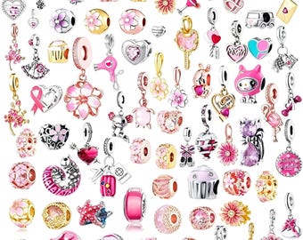 925 Sterling Silver Charms Compatible With Pandora Bracelets, Assorted Pink Floral Pendants Beads, Ideal Gift for Her Jewelry Collection