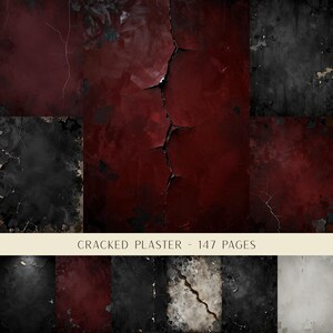May include: A collection of digital paper textures featuring cracked plaster designs in shades of deep red, charcoal black, and weathered gray. The images display various distressed surfaces with visible fissures and peeling paint effects. Text reads CRACKED PLASTER - 147 PAGES.