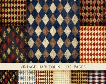 May include: A collection of 132 pages featuring various harlequin diamond patterns in colours including red, blue, brown, black, and gold. The designs have a distressed, vintage texture and are displayed in a grid layout with the text VINTAGE HARLEQUIN - 132 PAGES.