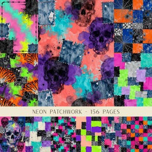 May include: A digital collage featuring neon-colored patchwork patterns, skulls, spiderwebs, and tiger stripes. The design incorporates watercolor splashes in pink, orange, purple, and teal. The text NEON PATCHWORK - 156 PAGES is centered.