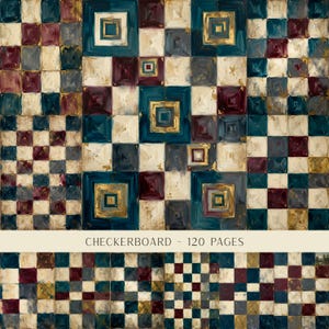 May include: A notebook with a cover featuring a repeating checkerboard pattern in shades of teal, burgundy, cream, and gold. The cover displays the text CHECKERBOARD - 120 PAGES in a centred horizontal band across the middle of the image.