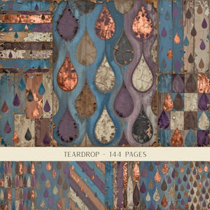 Papel digital con forma de lágrima, fondo de madera pintada con efecto envejecido, estampado grunge azul cobre, hojas vintage para diario creativo, imprimible para álbum de recortes.