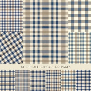 May include: A collection of various plaid and checkered patterns in shades of navy blue, beige, and white. The image displays multiple grid designs, including diagonal and straight lines, with the text TATTERSALL CHECK - 122 PAGES centered below.