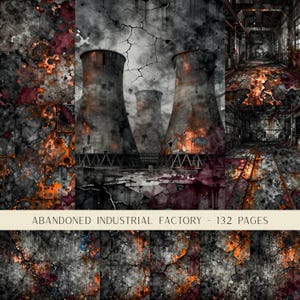 May include: A digital collection titled ABANDONED INDUSTRIAL FACTORY - 132 PAGES featuring a collage of weathered textures, cracked concrete, rusted metal surfaces, and dark cooling towers in shades of gray, black, orange, and deep red.