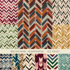 May include: A collection of digital paper patterns featuring brushstroke herringbone designs in various colour palettes including pink, red, blue, orange, green, gold, and black. The text BRUSHSTROKE HERRINGBONE - 122 PAGES is centred at the bottom.