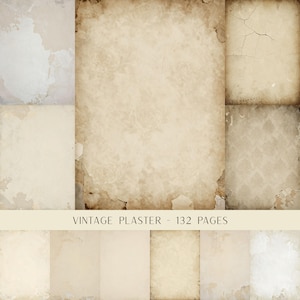 May include: A collection of 132 pages featuring various textures of vintage plaster in shades of beige, cream, and off-white. The surfaces display distressed patterns, cracks, and subtle floral motifs with the text VINTAGE PLASTER - 132 PAGES.