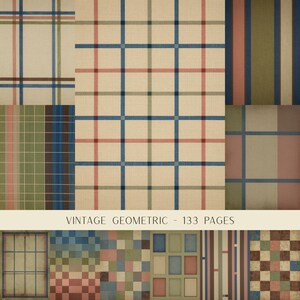 Peut inclure: Une collection numérique intitulée VINTAGE GEOMETRIC - 133 PAGES présentant divers motifs, notamment des carreaux, des rayures et des damiers dans des tons sourds de bleu, rouge, vert et beige avec un aspect texturé sur tout l'ensemble.
