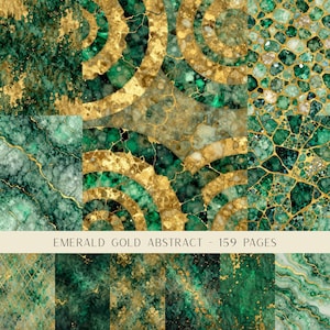 May include: A digital collection of 159 pages titled EMERALD GOLD ABSTRACT, featuring various patterns of deep green marble, cracked stone textures, gold veining, geometric grids, and swirling liquid designs in shades of emerald and metallic gold.