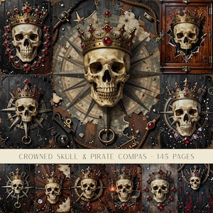 May include: A collection of skull illustrations featuring ornate gold crowns set with red gemstones. The designs incorporate nautical compasses, weathered wooden textures, ropes, and vintage map elements. The text reads CROWNED SKULL & PIRATE COMPAS - 145 PAGES.