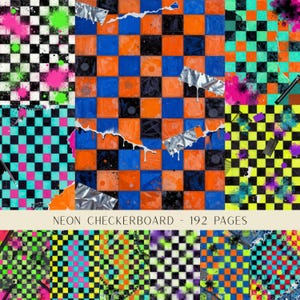 May include: A digital collection of 192 pages featuring neon checkerboard patterns in various color combinations including orange, blue, black, lime green, pink, and yellow, accented with paint splatters, torn paper effects, and silver tape.