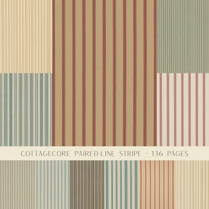 May include: A collection of paper patterns featuring various paired-line stripe designs in colors including tan, red, blue, green, and orange. The text COTTAGECORE PAIRED-LINE STRIPE - 136 PAGES is printed across the center of the image.
