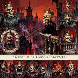 Peut inclure: Une collection d'illustrations numériques montrant des crânes portant des couronnes dorées ornées de pierres rouges, sur fond de paysages urbains gothiques sombres, de labyrinthes et d'horloges. Le texte indique CROWNED SKULL KINGDOM - 144 PAGES.