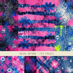 以下が含まれることがあります： NEON DENIM - 175 PAGESと題されたデジタルコレクション。青いデニム生地のテクスチャに、鮮やかなネオンピンクとブルーのペイントスプラッター、花柄、ダメージデニム風の加工、そして明るいグリーンのアクセントが組み合わされた様々なパターンが特徴です。