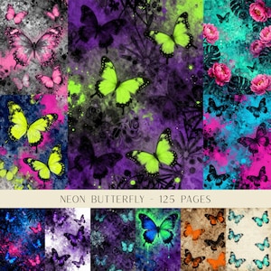 May include: A collage of butterfly patterns featuring vibrant neon green, pink, and blue butterflies against splattered, watercolor-style backgrounds. The text NEON BUTTERFLY - 125 PAGES is centered at the bottom of the image display.