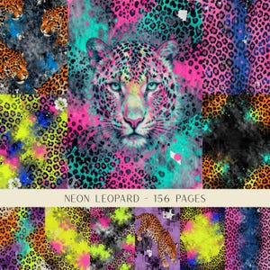Neon Leopard Junk Journal Pages, Animal Print Digital Paper, Floral Jungle Scrapbook Backgrounds, Printable Grunge Collage, Safari Decor