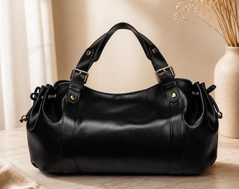 Black Leather Boston Bag | Large Shoulder Purse | Elegant Work Tote | Bridesmaid Gift