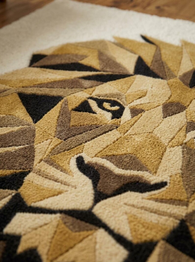 Hand Tufted Lion Rug, Geometric Wool Area Rug Statement Living Room ...