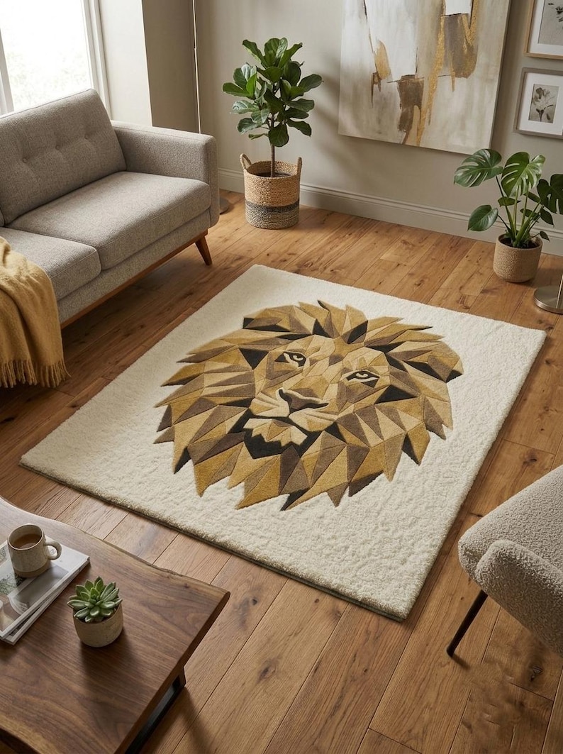 Hand Tufted Lion Rug, Geometric Wool Area Rug Statement Living Room ...
