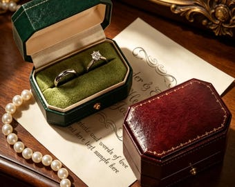 Octagon Velvet Ring Box for Two Rings, Vintage Leather Wedding Case